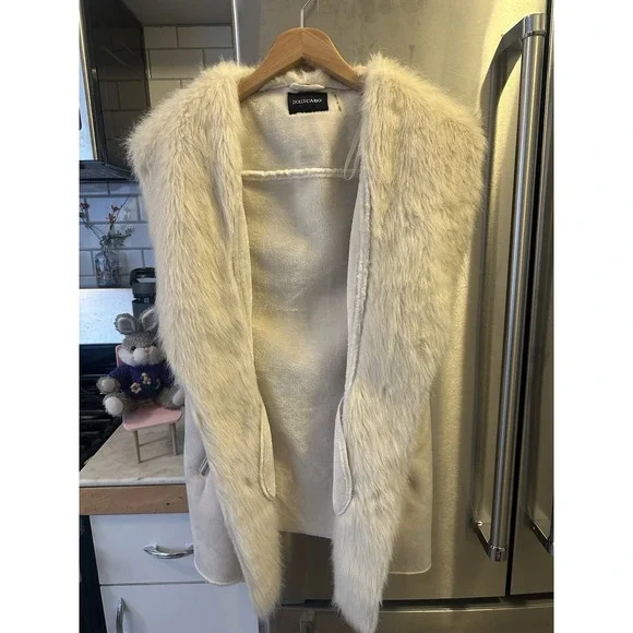 Dolce Cabo Women's Suede Faux Fur Vest Open, Lined, Taupe Cream, Size L - Picture 1 of 9